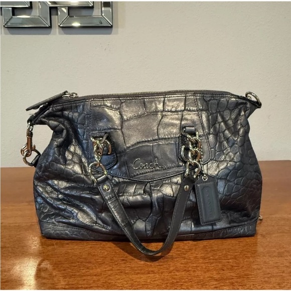 Coach Ashley Croc Embossed Leather Satchel Silver Slate Gray Beautiful Purse‎ - Picture 1 of 11